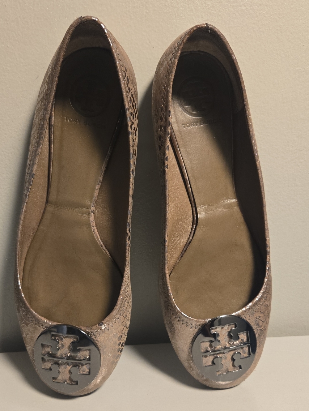 Tory Burch Metallic Taupe Snake-Embossed Logo Ballet Flats